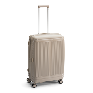 North Pioneer New York Mellanstor Resväska 67 cm - beige hårdskal med vågmönster – teleskophandtag i kopparfärg och 360° hjul för smidig manövrering och stilren design fotad mot en vit bakgrund 
