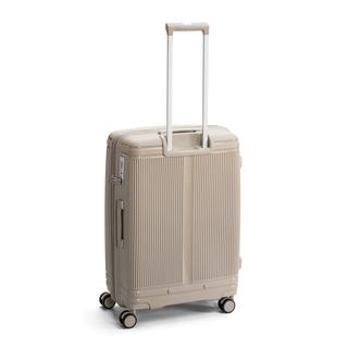North Pioneer New York Mellanstor Resväska 67 cm - beige hårdskal med vågmönster – teleskophandtag i kopparfärg och 360° hjul för smidig manövrering och stilren design fotad mot en vit bakgrund 
