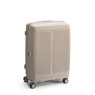 North Pioneer New York Mellanstor Resväska 67 cm - beige hårdskal med vågmönster – teleskophandtag i kopparfärg och 360° hjul för smidig manövrering och stilren design fotad mot en vit bakgrund 