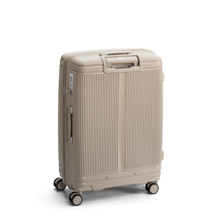 North Pioneer New York Mellanstor Resväska 67 cm - beige hårdskal med vågmönster – teleskophandtag i kopparfärg och 360° hjul för smidig manövrering och stilren design fotad mot en vit bakgrund 