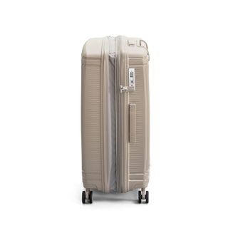 North Pioneer New York Mellanstor Resväska 67 cm - beige hårdskal med vågmönster – teleskophandtag i kopparfärg och 360° hjul för smidig manövrering och stilren design fotad mot en vit bakgrund 