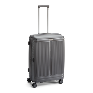 North Pioneer New York Mellanstor Resväska 67 cm - Grå hårdskal med vågmönster – teleskophandtag i kopparfärg och 360° hjul för smidig manövrering och stilren design fotad mot en vit bakgrund 