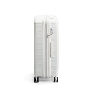 North Pioneer New York Mellanstor Resväska 67 cm - Vit hårdskal med vågmönster – teleskophandtag i kopparfärg och 360° hjul för smidig manövrering och stilren design fotad mot en vit bakgrund 