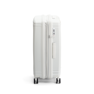 North Pioneer New York Mellanstor Resväska 67 cm - Vit hårdskal med vågmönster – teleskophandtag i kopparfärg och 360° hjul för smidig manövrering och stilren design fotad mot en vit bakgrund 