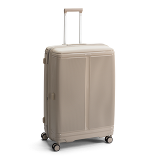 North Pioneer New York Stor Resväska 77 cm - Beige hårdskal med vågmönster – teleskophandtag i kopparfärg och 360° hjul för smidig manövrering och stilren design fotad mot en vit bakgrund 