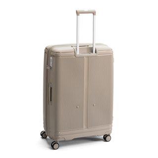 North Pioneer New York Stor Resväska 77 cm - Beige hårdskal med vågmönster – teleskophandtag i kopparfärg och 360° hjul för smidig manövrering och stilren design fotad mot en vit bakgrund 