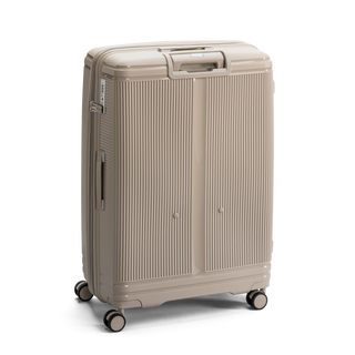 North Pioneer New York Stor Resväska 77 cm - Beige hårdskal med vågmönster – teleskophandtag i kopparfärg och 360° hjul för smidig manövrering och stilren design fotad mot en vit bakgrund 