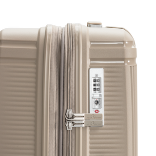North Pioneer New York Stor Resväska 77 cm - Beige hårdskal med vågmönster – teleskophandtag i kopparfärg och 360° hjul för smidig manövrering och stilren design fotad mot en vit bakgrund 