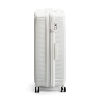 North Pioneer New York Stor Resväska 77 cm - Vit hårdskal med vågmönster – teleskophandtag i silvrigfärg och 360° hjul för smidig manövrering och stilren design fotad mot en vit bakgrund 
