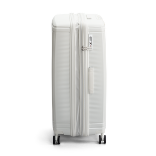 North Pioneer New York Stor Resväska 77 cm - Vit hårdskal med vågmönster – teleskophandtag i silvrigfärg och 360° hjul för smidig manövrering och stilren design fotad mot en vit bakgrund 
