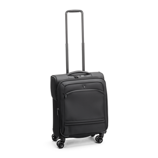 Svart kabinväska 55cm med teleskophandtag, fyra dubbelhjul och praktisk framficka – perfekt för handbagage.