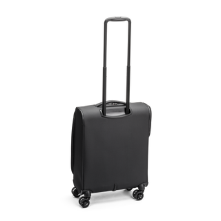 Svart kabinväska 55cm med teleskophandtag, fyra dubbelhjul och praktisk framficka – perfekt för handbagage.