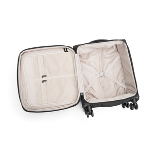 Svart kabinväska 55cm med teleskophandtag, fyra dubbelhjul och praktisk framficka – perfekt för handbagage.