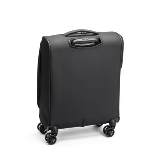 Svart kabinväska 55cm med teleskophandtag, fyra dubbelhjul och praktisk framficka – perfekt för handbagage.