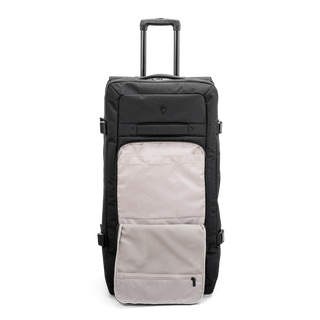 Svart duffel trolley 80 cm med teleskophandtag från North pioneer, stora hjul och frontficka – mjuk resväska i tyg med kompressionsremmar och robust bärhandtag