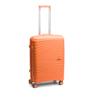 North Pioneer CPH Mellanstor Resväska 66 cm - Orange hårdskal med vågmönster – teleskophandtag i kopparfärg och 360° hjul för smidig manövrering och stilren design fotad mot en vit bakgrund 