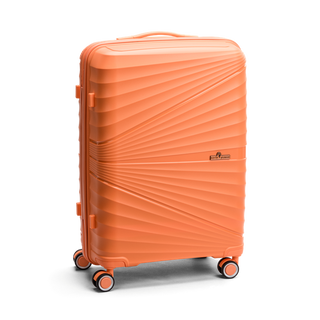 North Pioneer CPH Mellanstor Resväska 66 cm - Orange hårdskal med vågmönster – teleskophandtag i kopparfärg och 360° hjul för smidig manövrering och stilren design fotad mot en vit bakgrund 