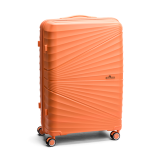 North Pioneer CPH Stor Resväska 76 cm - Orange hårdskal med vågmönster – teleskophandtag i kopparfärg och 360° hjul för smidig manövrering och stilren design fotad mot en vit bakgrund 
