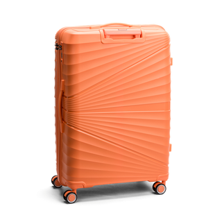 North Pioneer CPH Stor Resväska 76 cm - Orange hårdskal med vågmönster – teleskophandtag i kopparfärg och 360° hjul för smidig manövrering och stilren design fotad mot en vit bakgrund 