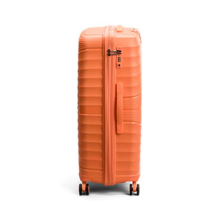 North Pioneer CPH Stor Resväska 76 cm - Orange hårdskal med vågmönster – teleskophandtag i kopparfärg och 360° hjul för smidig manövrering och stilren design fotad mot en vit bakgrund 