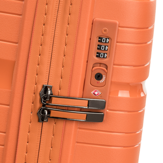North Pioneer OSL Mellanstor Resväska 67 cm - Orange hårdskal med vågmönster – teleskophandtag i kopparfärg och 360° hjul för smidig manövrering och stilren design