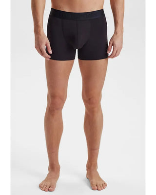 Närbild på den nedre främre delen av Resteröds svarta boxerkalsonger i bambu på modell