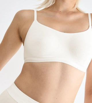 “Närbild på tyg i GO Daily Cotton BH-Top – GOTS-certifierad ekologisk bomull med borstad finish och platt, elastiskt band under bysten.”