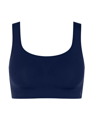 “Frilagd bild av marinblå Sloggi Zero Feel BH-Top – sömlös topp med lätt stöd, återvunnen mikrofiber och 360° stretch.”