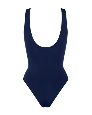 “Frilagd bild av Sloggi Zero Feel body i marinblått bakifrån – sömlös ärmlös body i återvunnen mikrofiber med rund halsringning.”