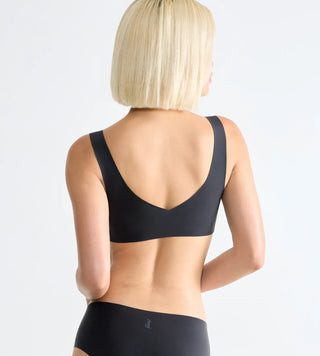 “Bakifrånvy av svart Sloggi Zero Feel Bralette – slät rygg med dot-bonding och 360° stretch för rörelsefrihet utan tryck.”