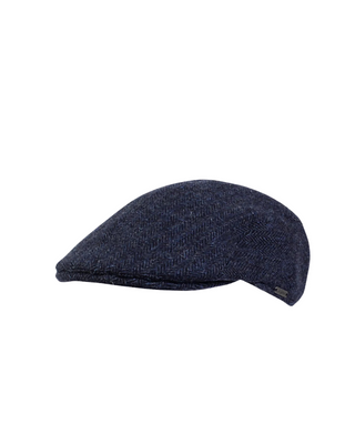Wigéns Ivy Flat Cap - Mörkblå med Fiskbensmönster. Fotad mot en vit bakgrund 