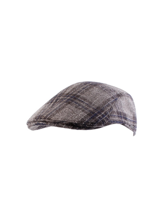 Wigéns Ivy Flat Cap i Linne -  Brun med Blårutigt Mönster herr keps i Linne från Wigéns fotad mot en vit bakgrund snett framifrån 