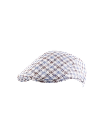 Wigéns Ivy Flat Cap i Linne -  Vit/Brun/Blått Mönster herr keps i Linne från Wigéns fotad mot en vit bakgrund snett framifrån 