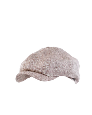 Wigéns Newsboy Classic Keps i Linne - Beige med Fiskbensmönster, sygg och härlig herr keps fotad mot en vit/grå bakgrund 