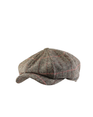 Wigéns Newsboy Retro Keps – Brunmelerad med Fiskbens och Rutmönster herrkeps från wigéns fotad mot en vit bakgrund