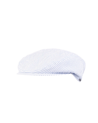Wigéns Slim Flat Cap i Bomull – Ljusblå/Vit Randig fotad mot en vit bakgrund