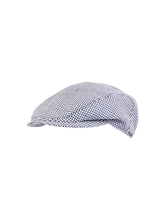 Wigéns Slim Flat Cap i linne – Vit/Blå med Hundtandsmönster herrkeps med modern smal passform och kort skärm