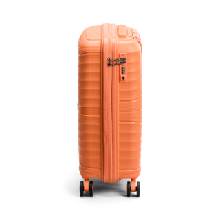 North Pioneer CPH Kabinväska 55 cm - orange hårdskal med vågmönster – teleskophandtag i kopparfärg och 360° hjul för smidig manövrering och stilren design fotad mot en vit bakgrund 