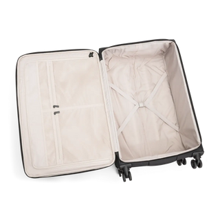 Svart kabinväska 78 cm med teleskophandtag, fyra dubbelhjul och praktisk framficka – perfekt för handbagage.