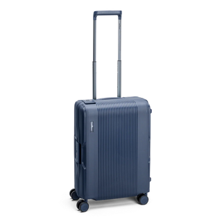 North Pioneer MUC Kabinväska 55 cm - Marinblå hårdskal med vågmönster – teleskophandtag i kopparfärg och 360° hjul för smidig manövrering och stilren design fotad mot en vit bakgrund 