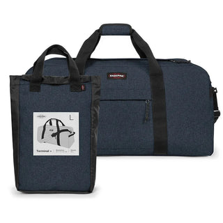 Eastpak Terminal+ Duffelbag 96L - Black Denim, fotad mot en vit bakgrund.