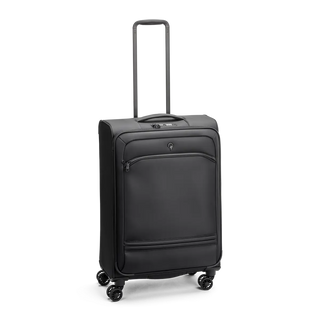 Svart kabinväska 65cm med teleskophandtag, fyra dubbelhjul och praktisk framficka – perfekt för handbagage.