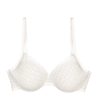 Vit Signature Lace bygel-bh med halvformpressade kupor och spetsdetaljer, frilagd mot vit bakgrund.