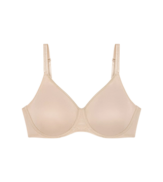 Nude beige minimizer-bh med släta mikrofiberkupor och ribbade axelband, frilagd mot vit bakgrund
